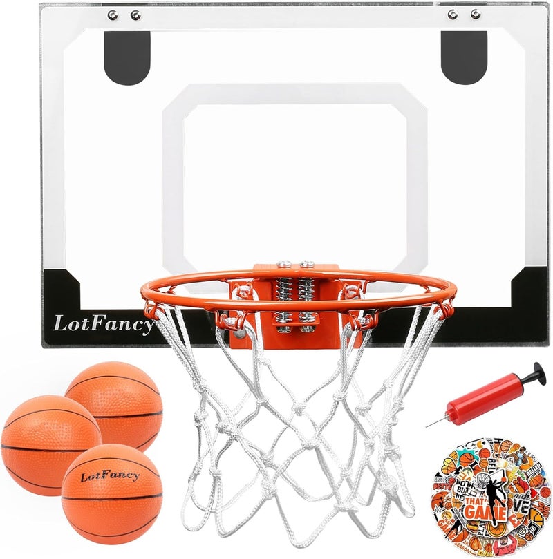 LotFancy حلقة كرة سلة صغيرة للباب والجدار - 17.5 × 12 حلقة كرة سلة داخلية للأطفال والمراهقين مع لوحة خلفية مقاومة للكسر، 3 كرات فوم 5 بوصات، ملصقات DIY وإكسسوارات كاملة - Image 1